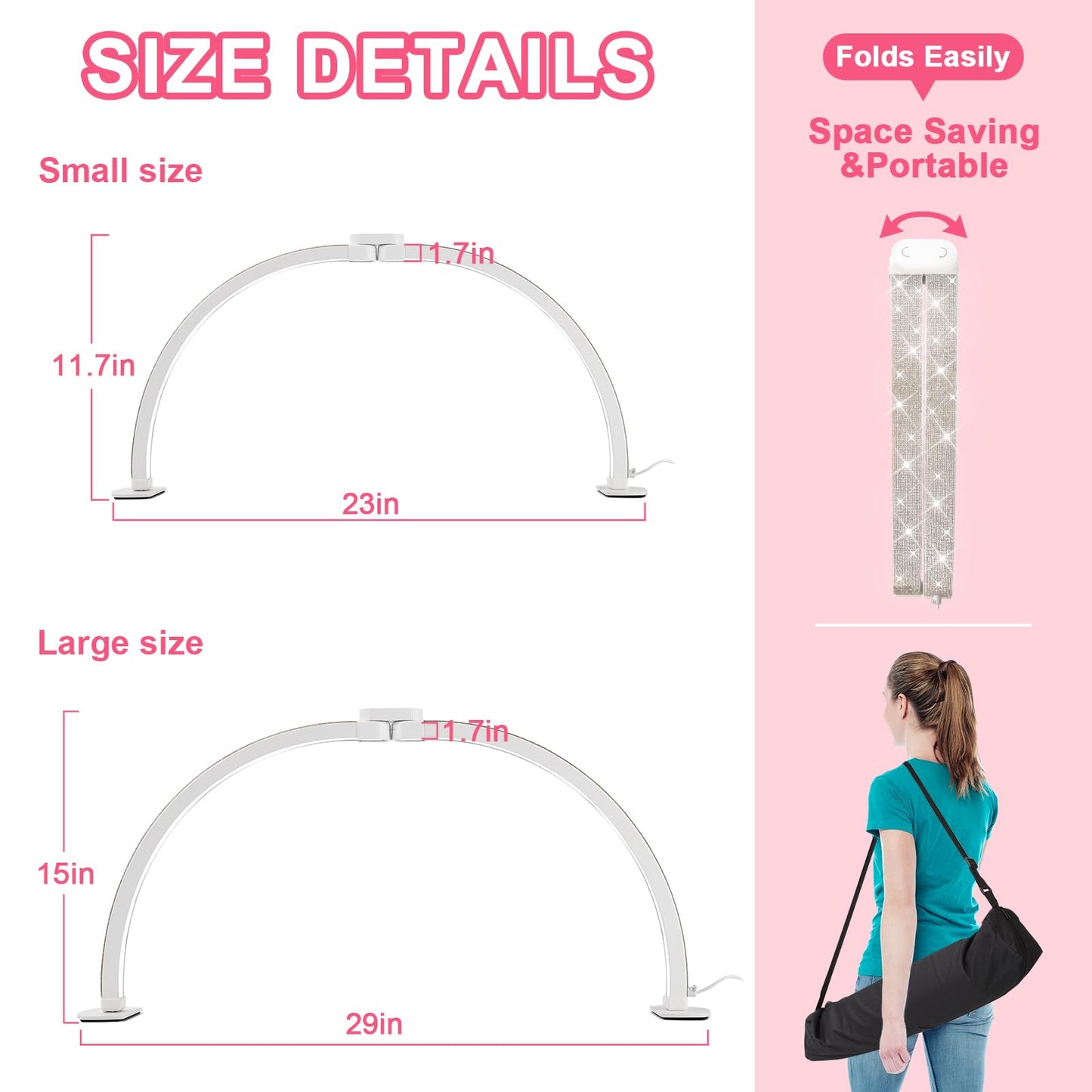 JIUYONG Upgraded Half Moon Light with Phone Holder, 29in Foldable Half Moon Light for Nail Desk, Nail Table Lamp with Stepless Dimming & Color Temperature (Large-29In)