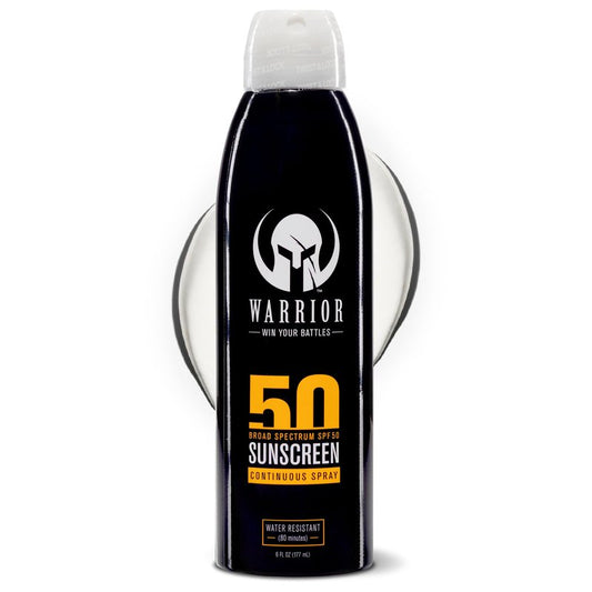 Warrior Sunscreen SPF 50 Continuous Spray - Water & Sweat Resistant Sunscreen Spray - Broad Spectrum Protection for UVA/UVB - Quick Dry Effective Formula, Field Tested – 6 Oz