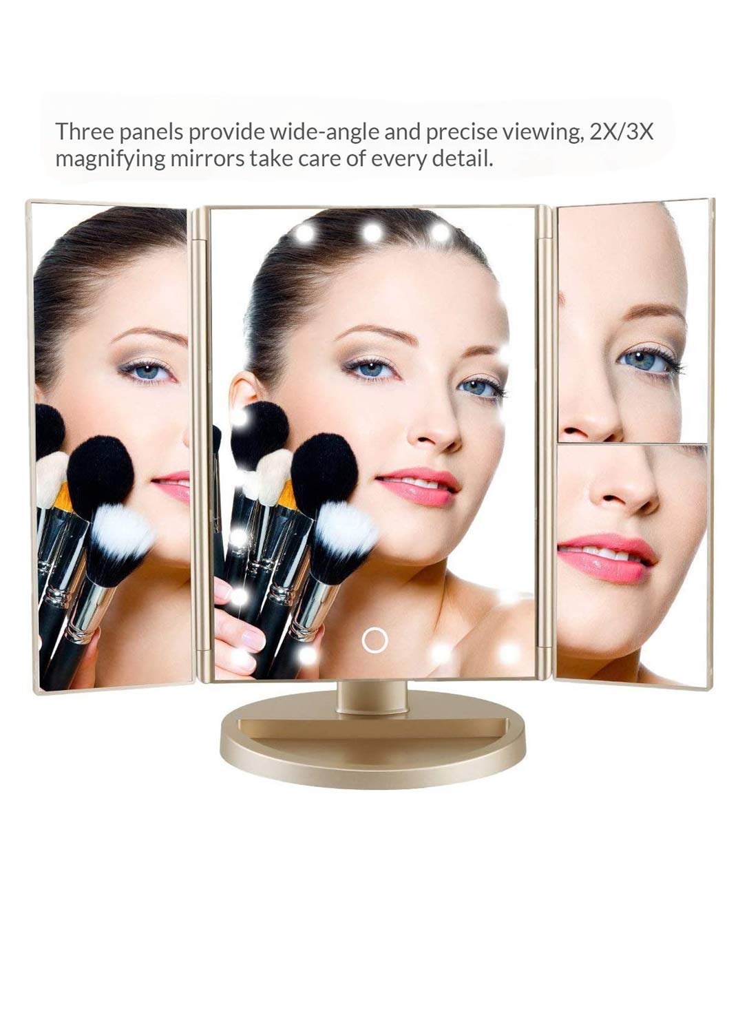 Infitrans Trifold Makeup Mirror Vanity Mirror with Lights,1X 2X 3X Magnification,Touch Control,Adjustable Rotation,Dual Power Supply,Portable Travel Cosmetic Mirror,Birthday Gifts for Women,Teengirls