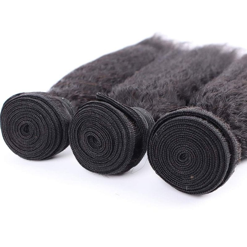 datanala Brazilian Virgin Kinky Straight Human Hair 3 Bundles with 4x4 Lace Closure 12 14 16+10 100% Virgin Yaki Human Hair Bundles With Closure Free Part Natural Black Color
