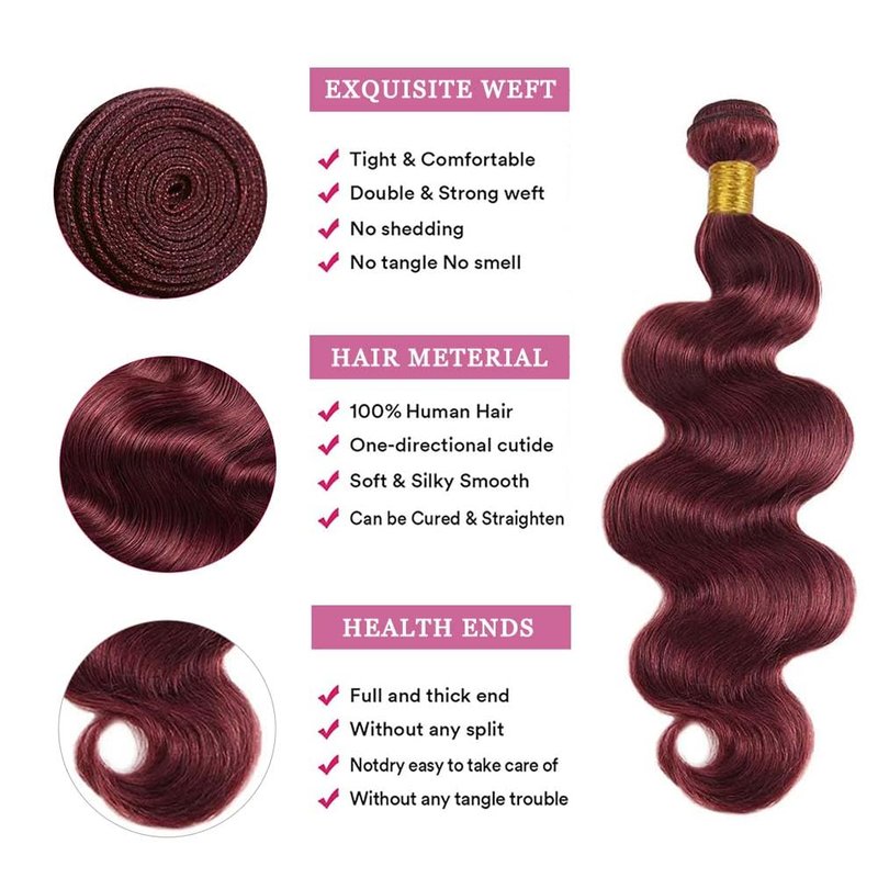 99J Burgundy Body Wave Human Hair Bundles Brazilian Hair Bundle 20 Inch Wine Red Body Wave Bundles Hair Extensions