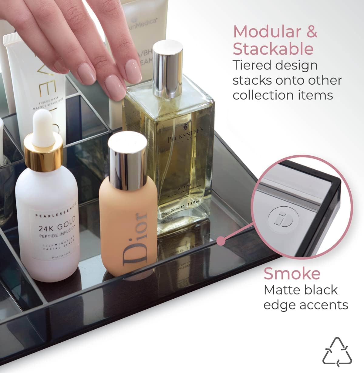 Plastic Cosmetic Organizer - iDesign Sarah Tanno Collection, Eco-Friendly Recycled Material | Smoke/Black 12 x 8 x 3
