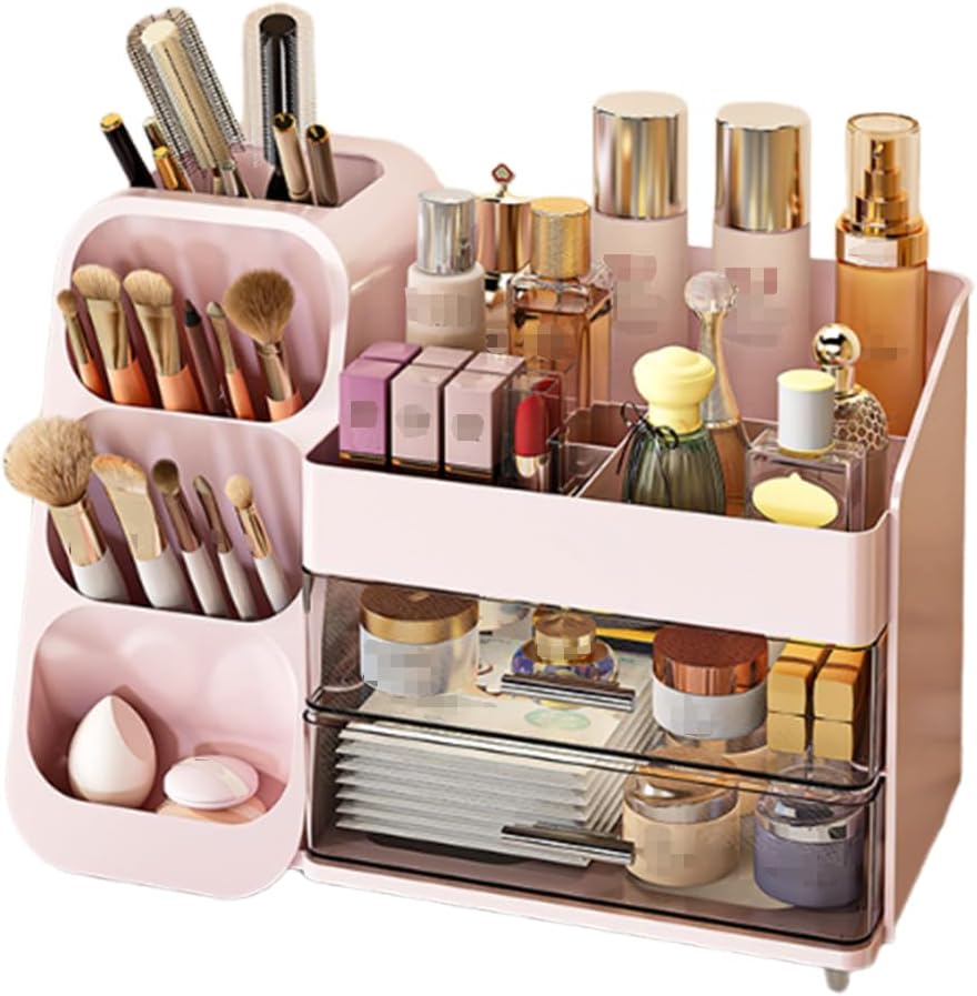 Makeup Organizer with Drawer - Skincare & Cosmetic Storage Box | Pink Beauty Holder for Lipstick, Brushes & Eyeliner