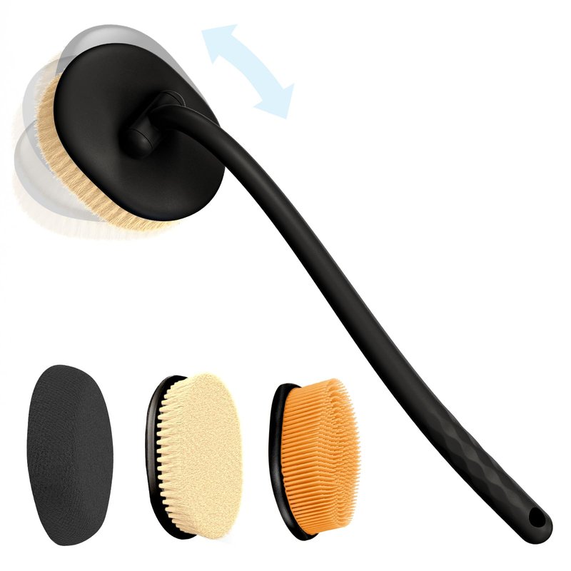 Flexible Up-Down Movement Back Scrubber for Shower for Men & Women, 3 Detachable Back Brush Heads Includes Silicone Body Scrubber, Sponge Bath Brush & Bristle Shower Brush, Wet/Dry Brush, Black