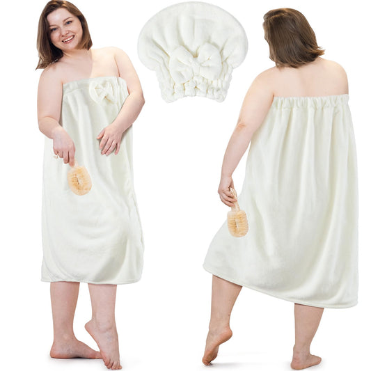 Xtinmee 2 Sets Plus Size Towel Wrap with Hair Towel for Women After Shower, Adjustable Body Robes Wrap for Women Sauna Swim Spa Bath (White)