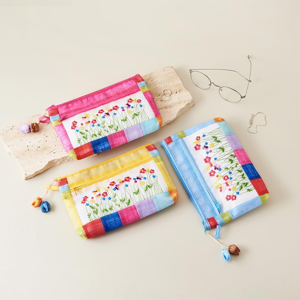 Korean Traditional Patchwork Pouch - Hand-Embroidered Floral Design | Light Blue Zippered Bag