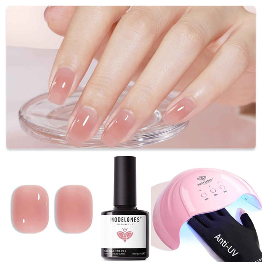Sheer Pink Gel Nail Polish 15ML & 48W UV Nail Lamp Set with Gloves