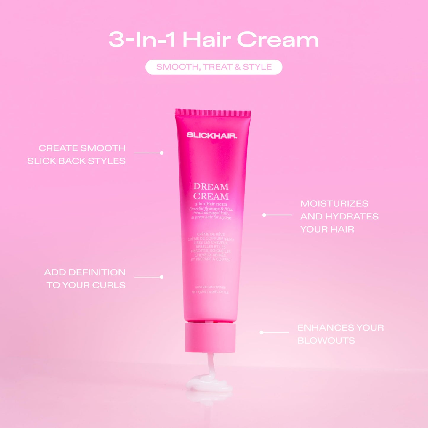 SlickHair Dream Cream, 3-in-1 Hair Styling Cream for Smooth Slick Back Hair Styles - Lightweight, Strong Hold, Non-Greasy & Non-Flakey - Smooths Frizz & Flyaways, 5.05 Oz