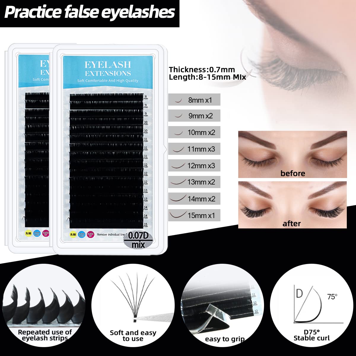 Lash Extension Kit Professional Eyelash Grafting Training Tools Mannequin Head USB Fan Lash Shampoo 0.07D Curl Mix 8-15mm Glue Practice Eyelash Strips Lash Mapping,Exercise Set for Beginner