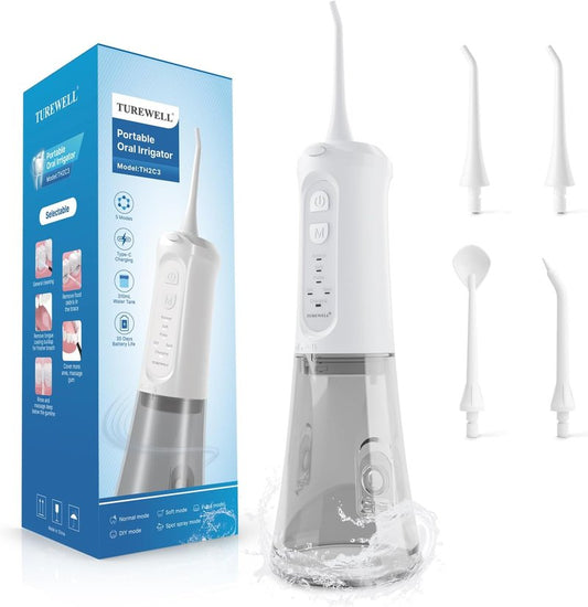 Water Dental Flosser - Portable Cordless Oral Irrigator with 5 Modes, 310 ML Capacity | IPX7 Waterproof, 4 Jet Tips, White