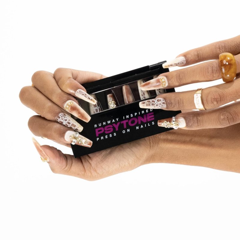 PSYTONE Press on Nails Long Rhinestone Pink Fake Nails Black Nails Square Bling Glossy 3D Flower False Nail Tips Artificial Nails Finger Manicure for Women and Girls-30pcs (Long Nails 1)