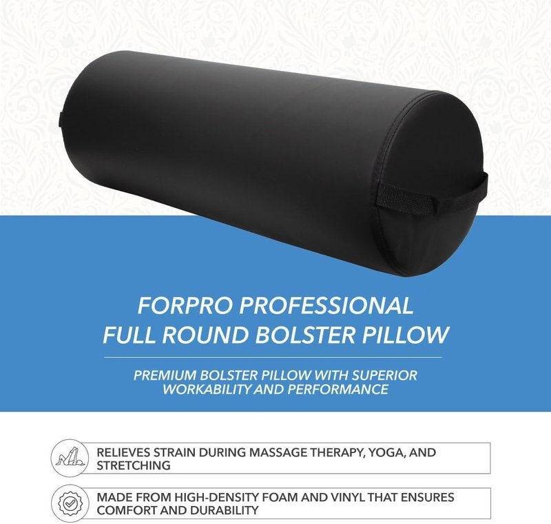 Jumbo Full Round Bolster Pillow - Oil & Stain-Resistant for Massage & Yoga | Black, 9” R x 26” L