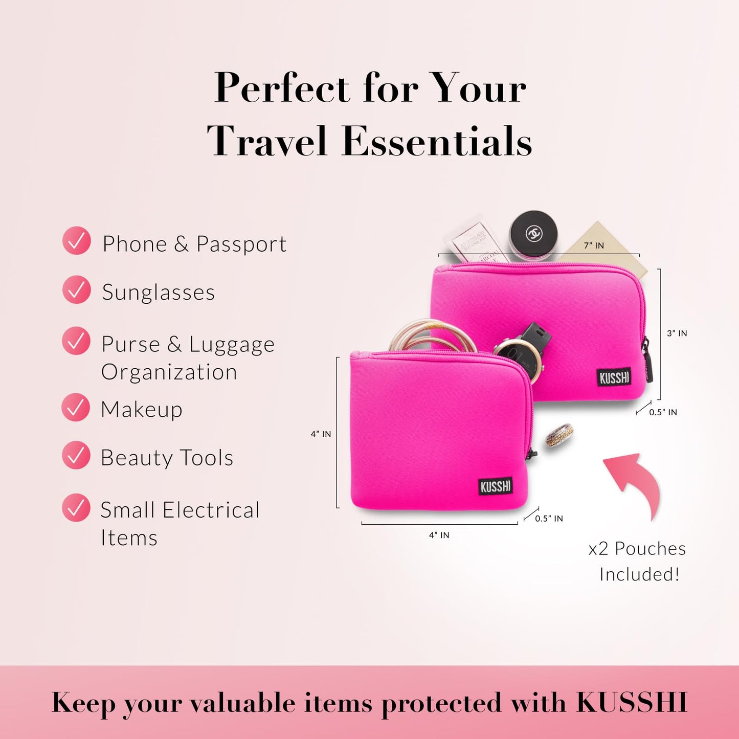 KUSSHI 2pc Neoprene On-The-Go Pouch Set - Passport Holder and Travel Zipper Makeup Pouch for Purse - Small Purse Pouch for Organization, Electronics, Glasses & Valuables (Pink)