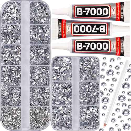 b7000 Glue with 7500Pcs Silver Clear Rhinestones for Crafts Clothes Clothing Fabric, Shiny Flatback Crystals Gems for Crafting Shoes Shirt, Flat Back Diamonds Set Badazzle kit Jewels 2-5mm 4 Sizes Mix