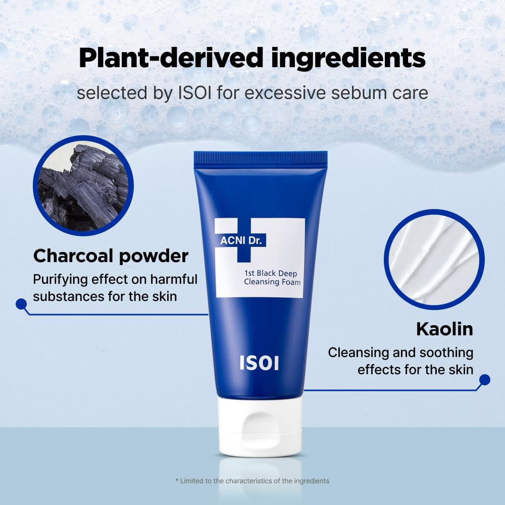 ISOI ACNI Dr. 1st Deep Cleansing Foam, K-Mud & Charcoal Purifying Cleanser for Oily & Acne-Prone Skin, Korean Skincare (2.54 fl.oz/75ml)