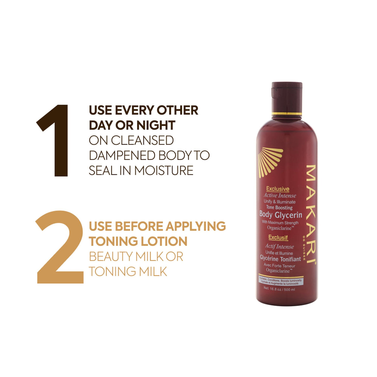 Makari Exclusive Active Intense Tone Boosting Body Glycerin (16.8 oz) | Skin-Brightening Body Glycerin | Moisturizes and Softens | Supports the Look of Even Skin Tone | For Most Skin Types