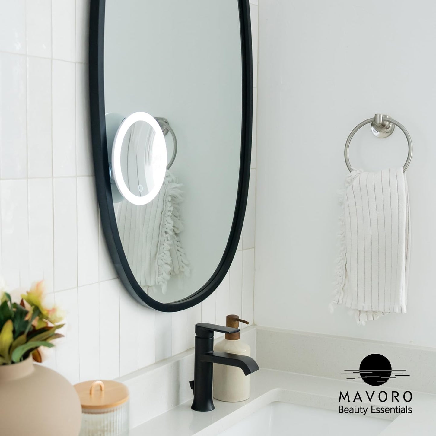 Mavoro 6.8" LED Magnifying Mirror with 3 Strong Suction Cups | 10X Magnification | Portable Lighted Travel Makeup & Cosmetic Mirror with Light (USB-C Rechargeable Built-in Battery |10X)