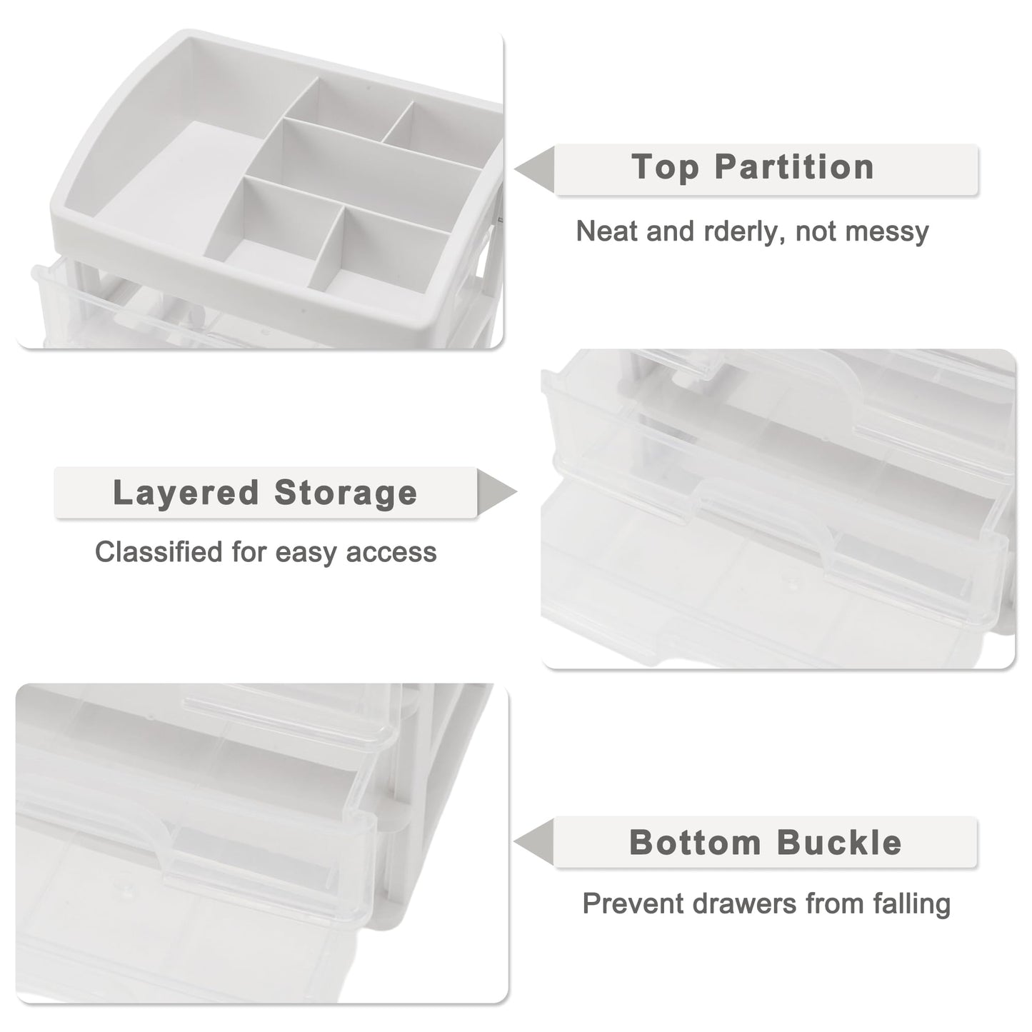 VOCOSTE Makeup Organizer Countertop, 3 Clear Drawers Makeup Organizer, Skincare Organizers for Lotions Lipstick Brushes, Make Up Organizers for Counter, Clear, White