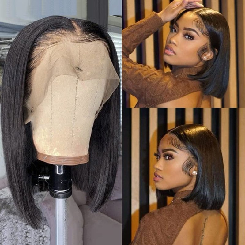 Karlami Bob Wig Human Hair Straight HD Lace Front Bob Wigs for Black Women Human Hair Pre Plucked Glueless Side Part Middle Part C Part 150% Density Human Hair Natural Black 13X6 12 Inch