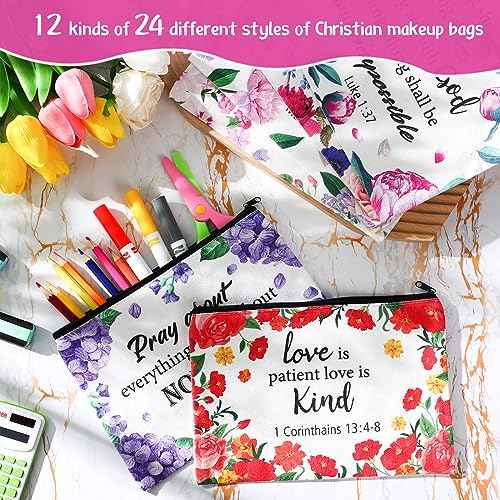24 Pcs Christian Makeup Bag Bible Cosmetic Bags Inspirational Bible Verse Toiletry Pouches Canvas Motivational Pouches with Zipper for Women Organize Cosmetics Toiletries Stationery(Floral)