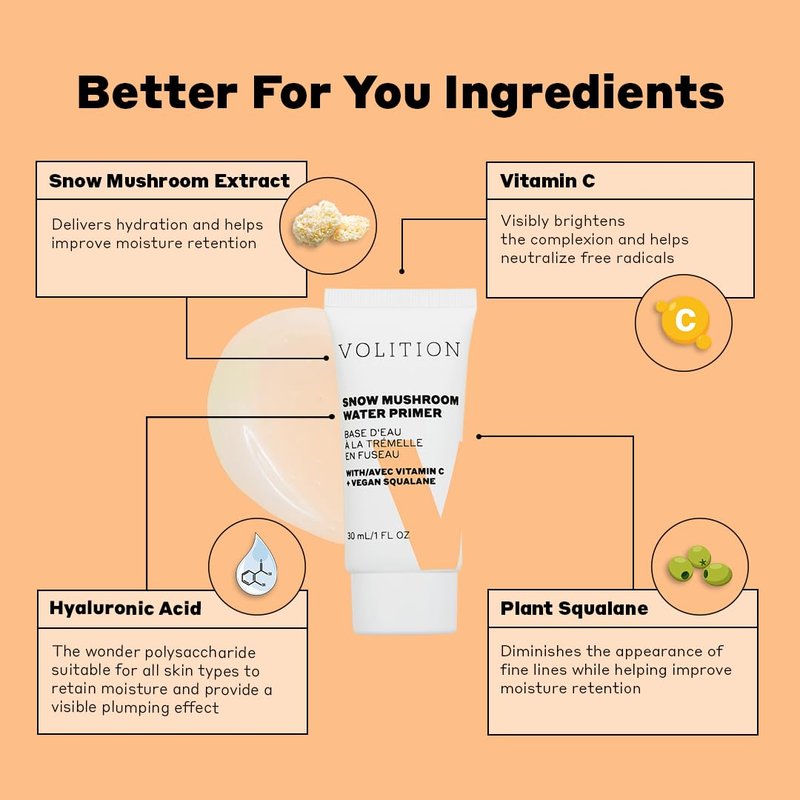 Volition Beauty Snow Mushroom Water Primer with Vitamin C + Vegan Squalane | Silicone-Free Formula to Mattify, Blur & Smooth | Visibly Minimizes Lines & Pores | Soothes Redness & Extends Makeup Wear