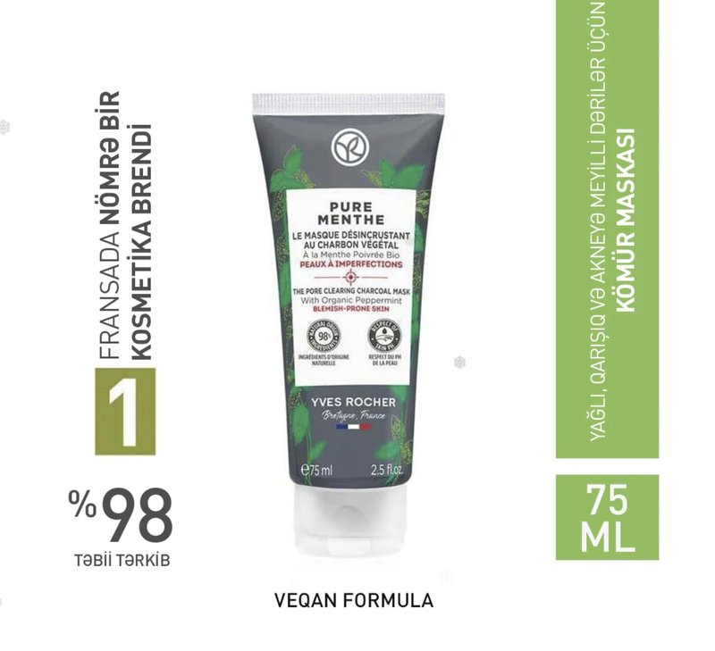 Yves Rocher Pure Menthe Purifying Charcoal & Peppermint Mask – Deep Cleansing, Oil Control & Blackhead Removal Absorbs Excess Sebum for Matte, Clear Skin – 75ml / 2.5 fl.oz.