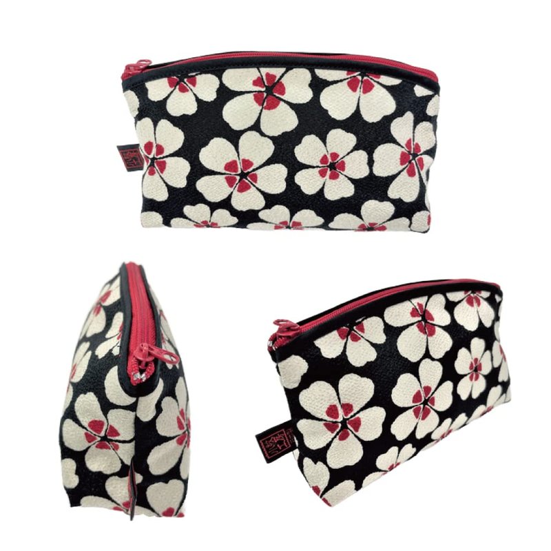 Small Makeup Bag for Purse [ Made in Japan] Traditional Edo Komon Design Cute Cosmetic Pouch (Cherry Blossom (Black))