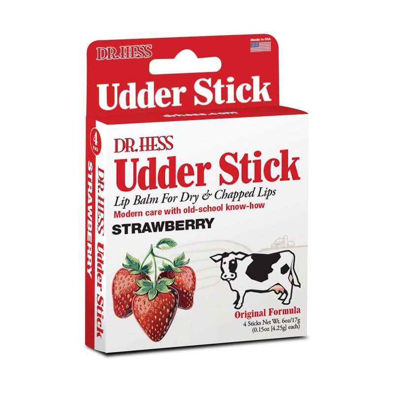 Dr. Hess Original Udder Stick Lip Balm, Soothing Moisturizer Sun Screen Balm for Dry Lips with Jojoba, Beeswax & Shea Butter, Total Lip Care, Hydration & Repair, Strawberry Flavor, 4 Pack
