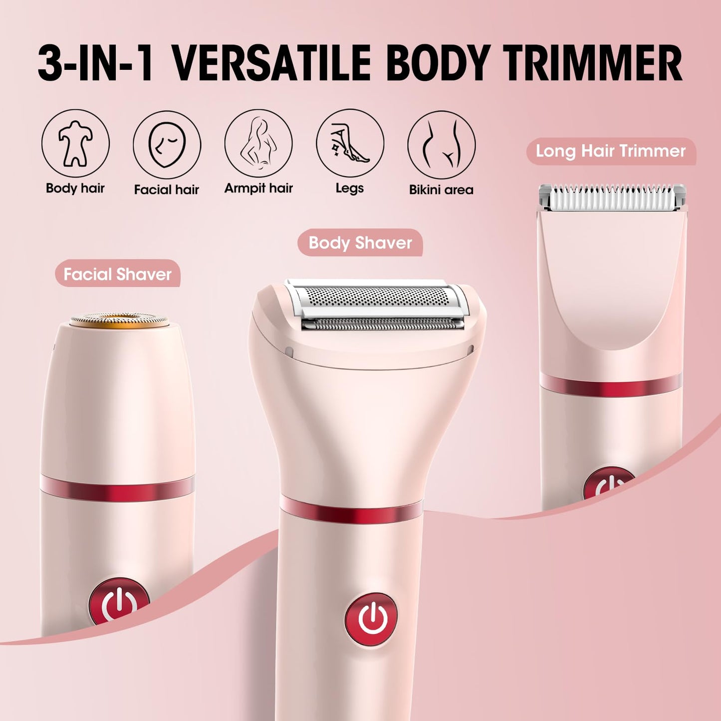 Zesuti Bikini Trimmer for Women- 3 in 1 Painless Electric Razors for Women,Waterproof Pubic Hair Trimmer and Facial Hair Remover,LCD Display Body Shaver for Trip,Rechargeable Women's Grooming Kit