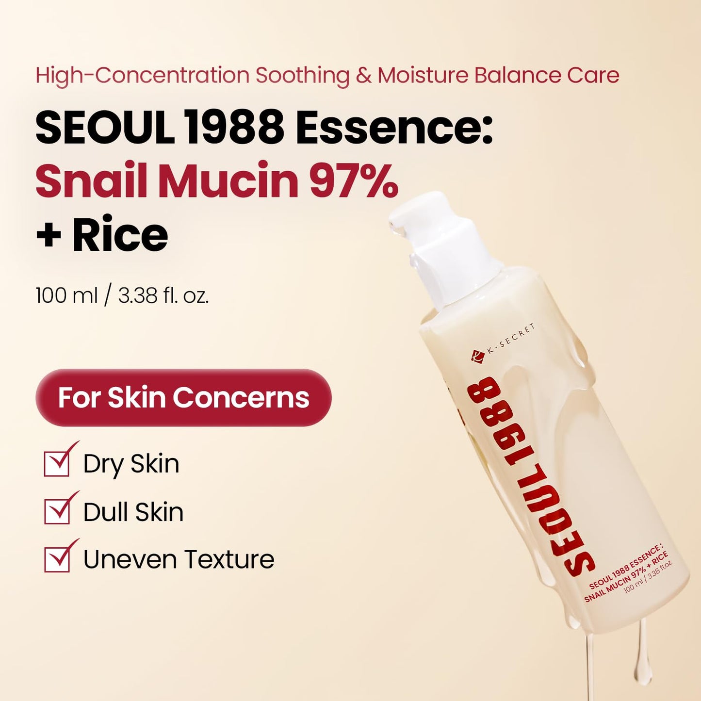 K-SECRET SEOUL 1988 Snail Mucin 97% Essence – Concentrated Yet Lightweight Formula Infused with 97% Snail Mucin | Soothing & Fast-Absorbing Facial Serum | Korean Skincare, 100ml / 3.38 fl oz
