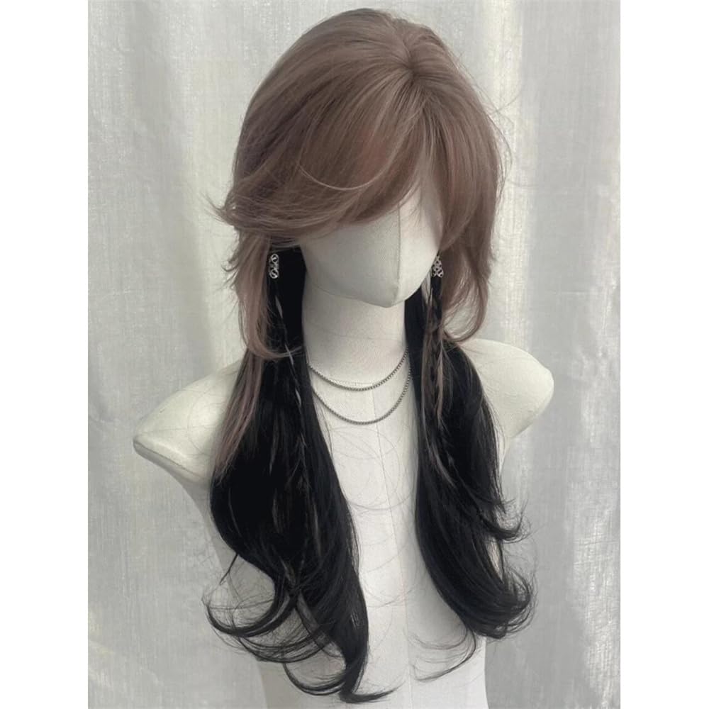 VVRPWASSLY Brown and Black Wig with Bangs Jellyfish Head Long Curly Hair High Temperature Silk Wig for Party