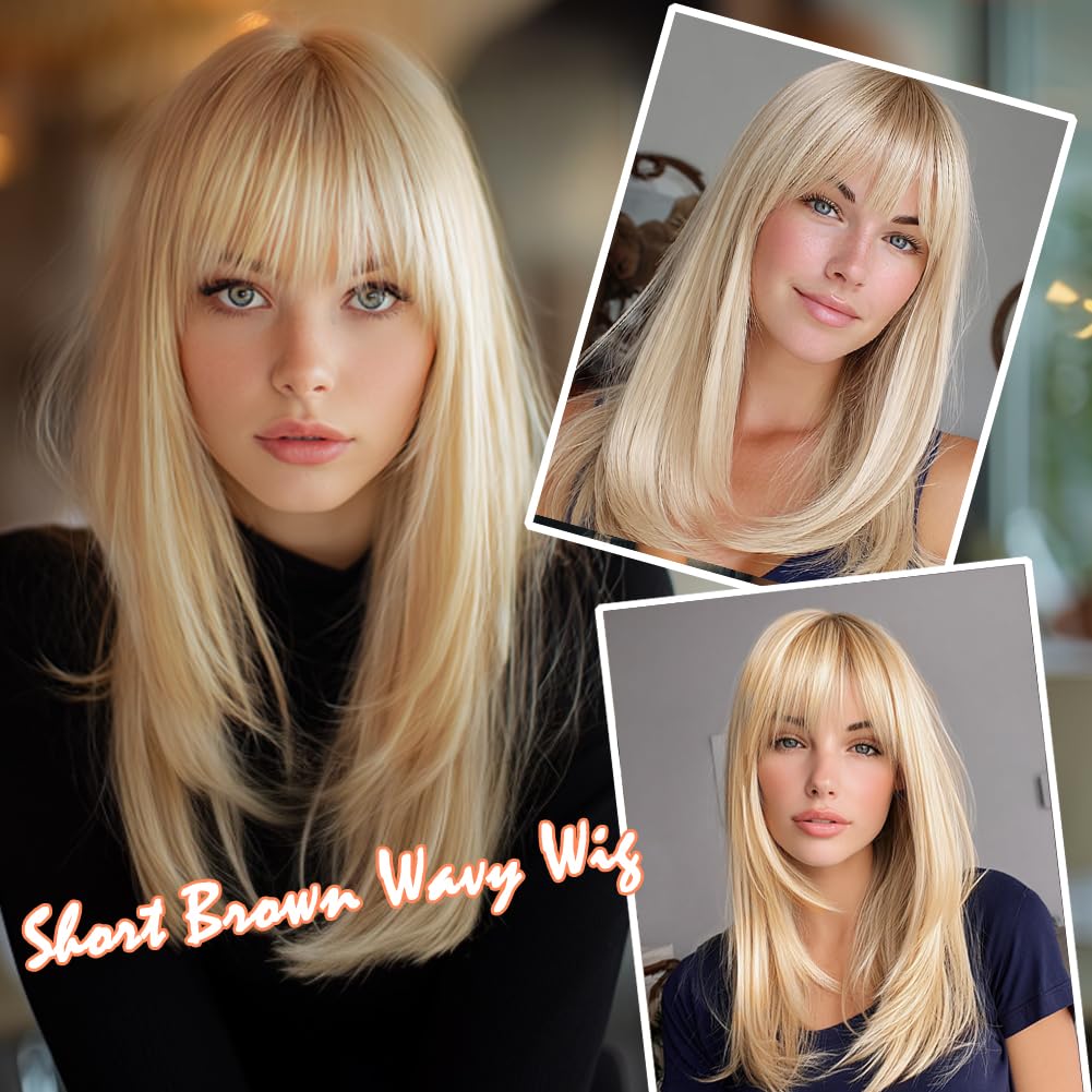 EssionTech 613 Blonde Wig With Bangs Long Wavy Straight Wig with Layered Hair Synthetic Heat Resistant Wigs for Women Daily Party Use 26 Inches