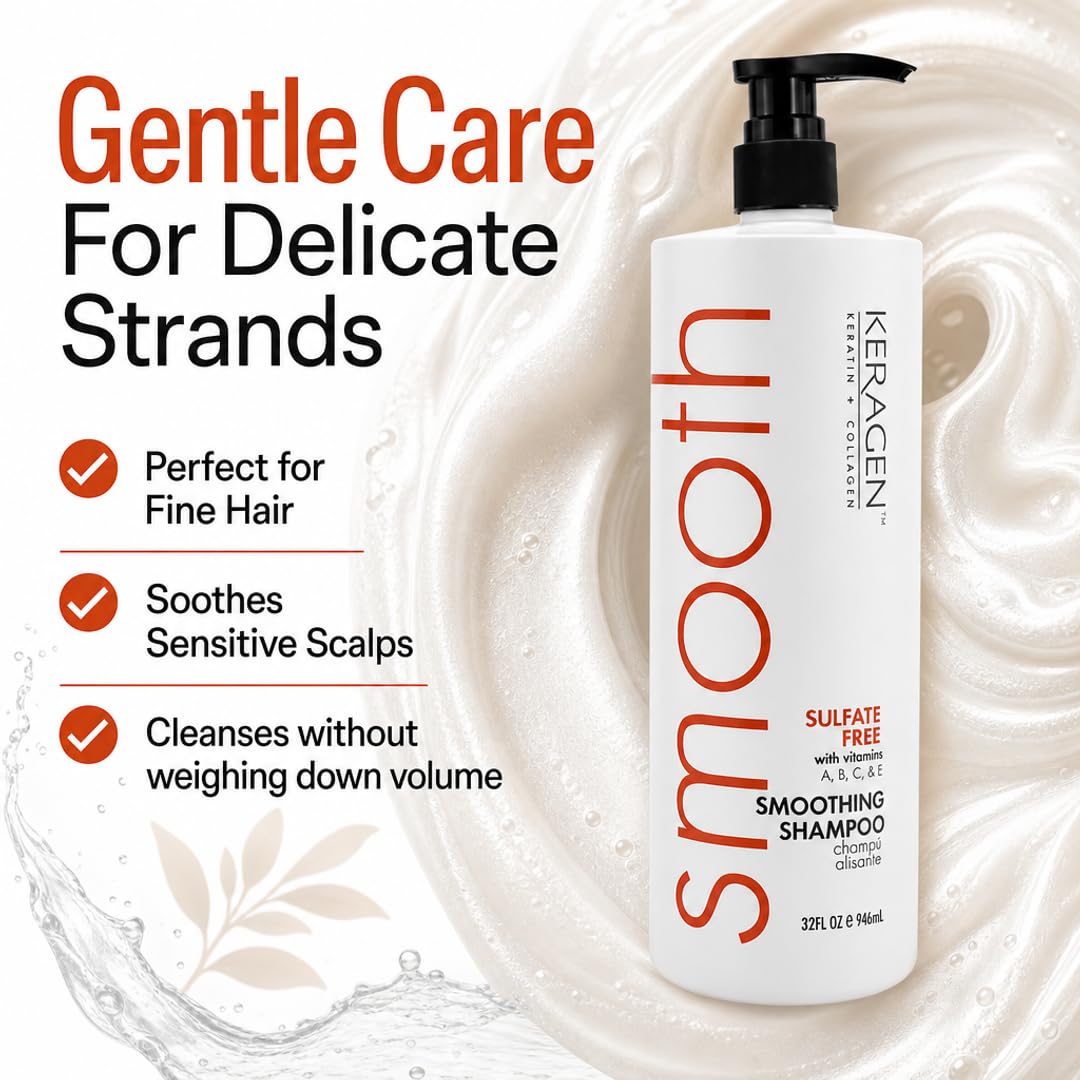 KERAGEN Smoothing Keratin Shampoo - Sulfate-Free, Paraben-Free Cleanser for Color-Treated Hair | 32 oz | Frizz Control & Cuticle Repair