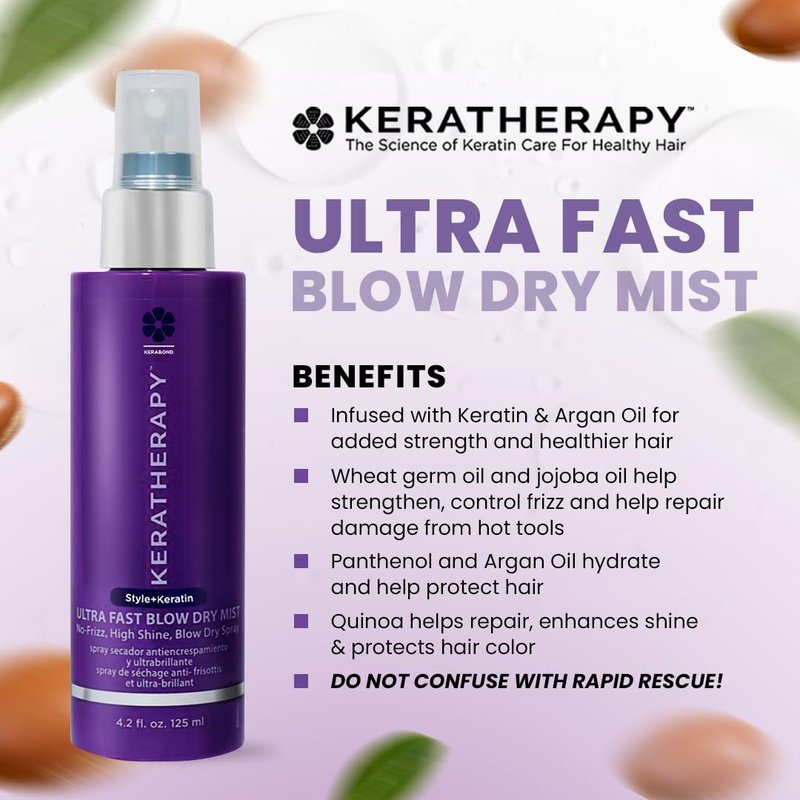 Ultra Fast Blow Dry Mist Perfect Blowout for Hair, 4.2 fl. oz., 125 ml – Keratin Infused Blow Dry Spray for Styling & Frizz-free Styling