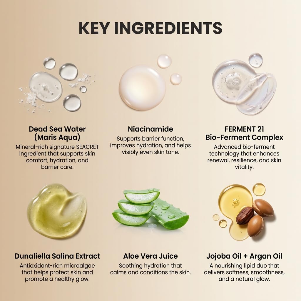SEACRET Dual-Phase Hydration and Glow Booster, Shake-to-Activate Dead Sea Face Oil and Water Serum with FERMENT 21, Niacinamide, Jojoba and Argan for Dry Dehydrated Skin, 1 Fl Oz / 30 ml