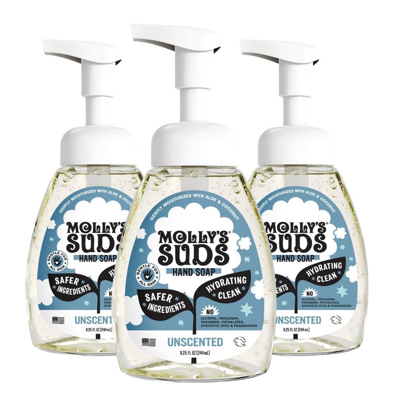 Molly's Suds Foaming Hand Soap - Made with Aloe and Coconut Oil | Moisturizing Hand Wash | Clean Ingredients, Infused with Essential Oils | Unscented - 8.25 Oz (Pack of 3)