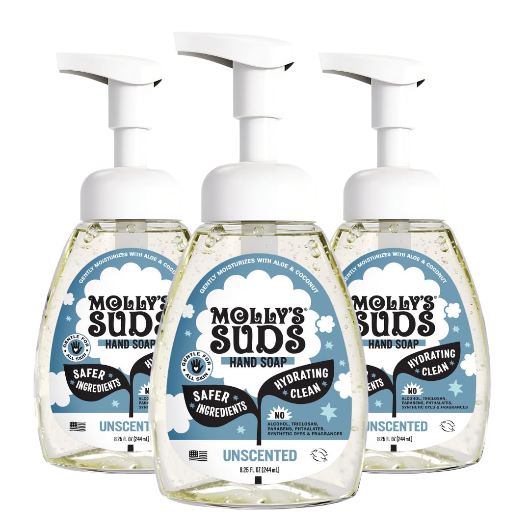 Molly's Suds Foaming Hand Soap - Made with Aloe and Coconut Oil | Moisturizing Hand Wash | Clean Ingredients, Infused with Essential Oils | Unscented - 8.25 Oz (Pack of 3)