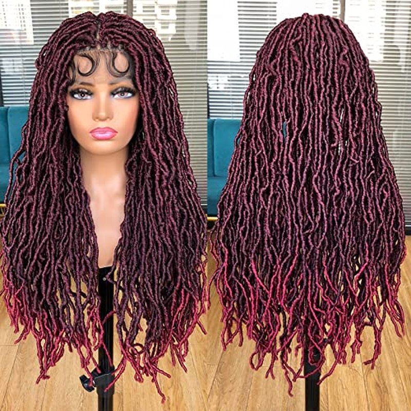 Annivia 32Inch Full Double Lace Box Braided Wigs for Black Women Faux Locs Square Knotless Wigs with Baby Hair Long Dreadlock Wig Natural Black Hand-braided Synthetic Twist Lace locs Wig Ombre Red