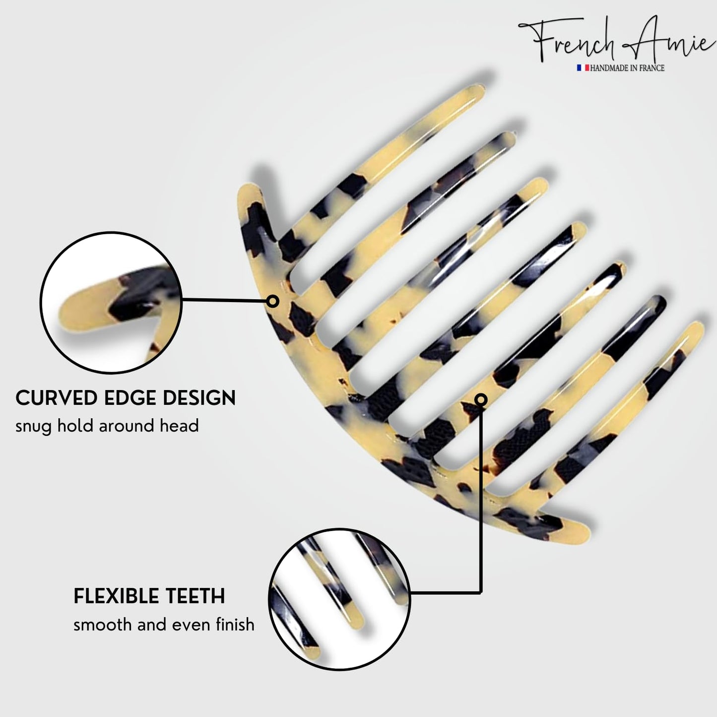 French Amie Curvy 7 Teeth Large 4” Celluloid Handmade Set of 3 Good Grip Hair Side Combs for Women and Girls