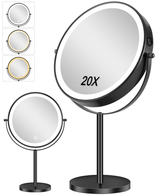 Lighted Makeup Mirror, 20X/1X Magnifying Mirror with 3 Color Light, 9 Inch Rechargeable Makeup Mirror with Lights and Magnification, Brightness Adjustable, 360° Rotation Vanity, Gift for Women