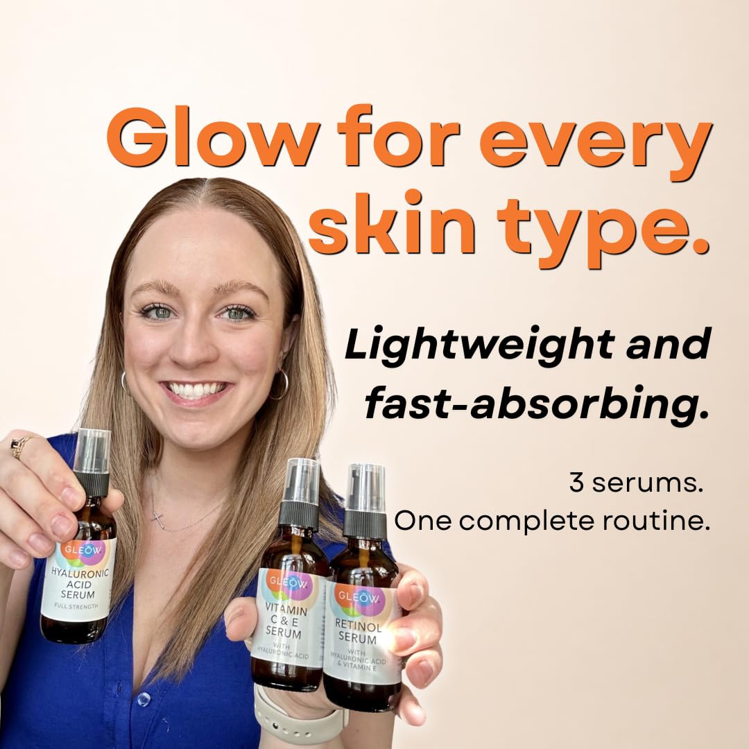 GLEOW Skincare Set: Retinol, Vitamin C, and 99% Hyaluronic Acid Serum, Face Serum Set Targets Appearance of Uneven Skin and Dryness, Total Package Serum Set 3x1 oz