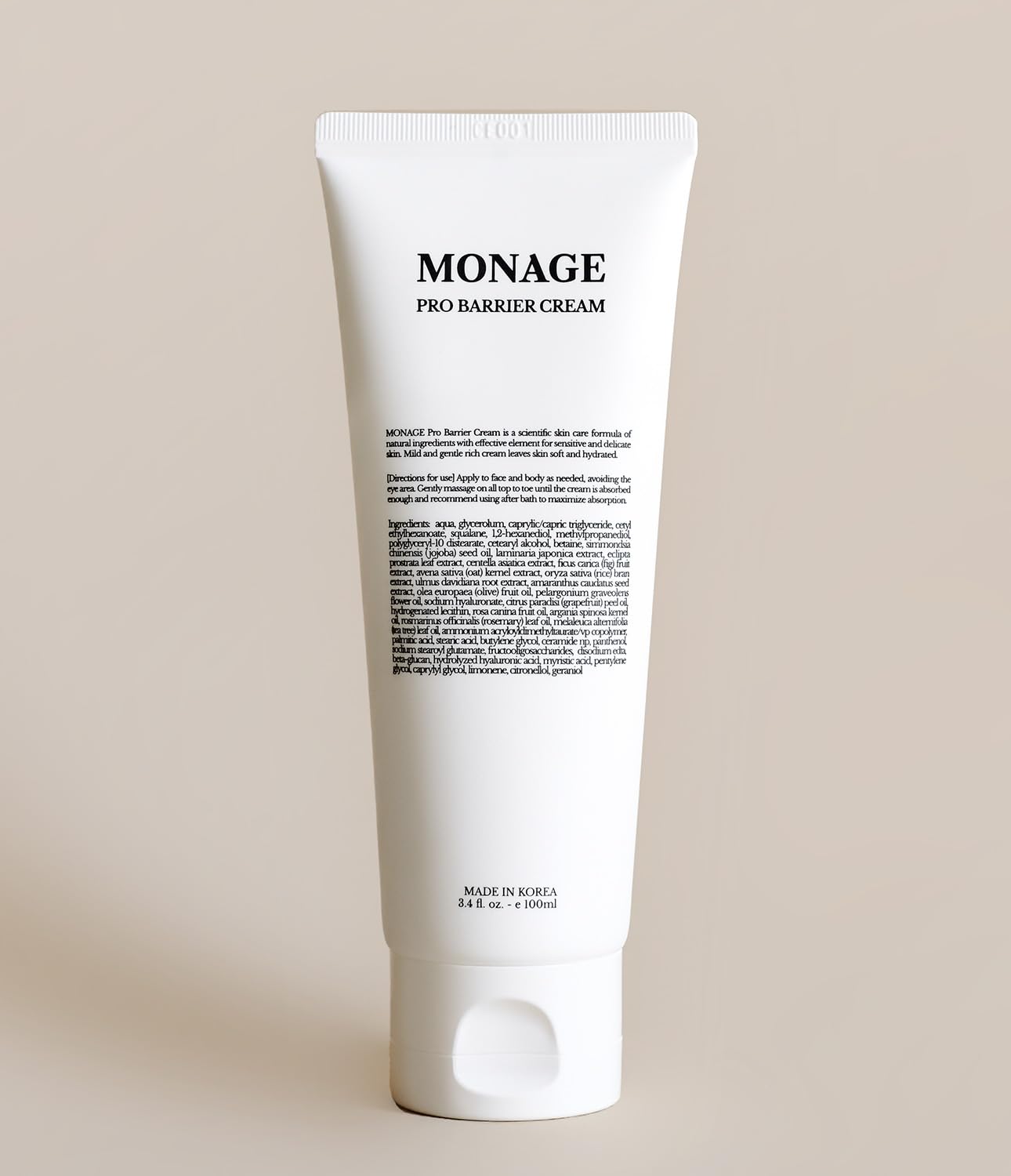 MONAGE Pro Barrier Cream, Korean Moisturizer Face Cream - Vegan, Hydration Boost, Gentle Formula, Soothing for Extremely Dry Skin, Nourishing, 3.4 fl oz (100ml)