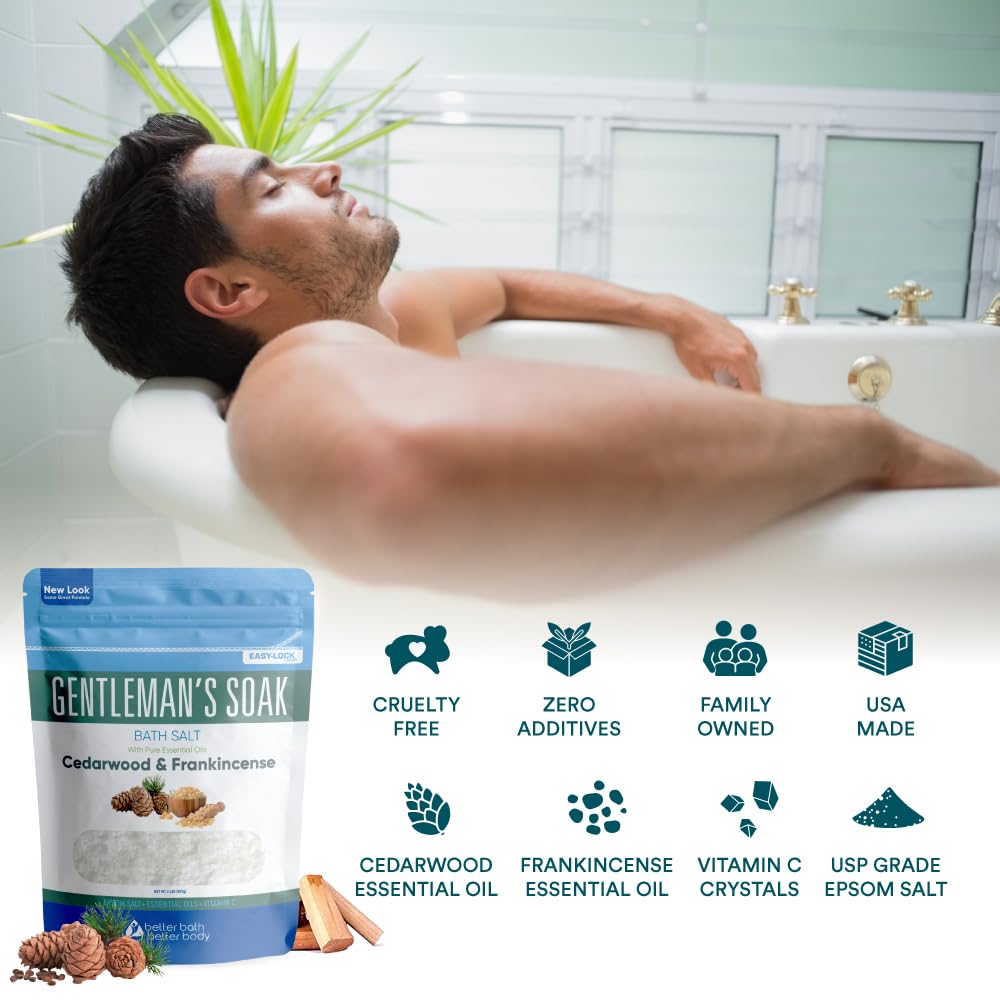 Gentleman's Bath Salt 32 Ounces (2 Lbs) Epsom Salt Soak for Men with Natural Cedarwood and Frankincense Essential Oils Plus Vitamin C in BPA Free Pouch with Easy Press Lock Seal Made in USA