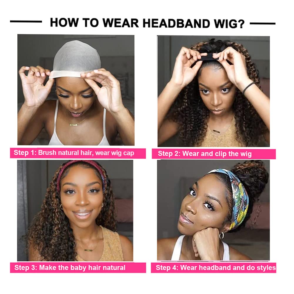 YiweYowe 16 Inch P430 Highlight Brown Headband Wig Human Hair 150% Density Grade 8A Unprocessed Brazilian Virgin Hairs Machine Made Brown Deep Wave Headband Wig Human Hair For Woman