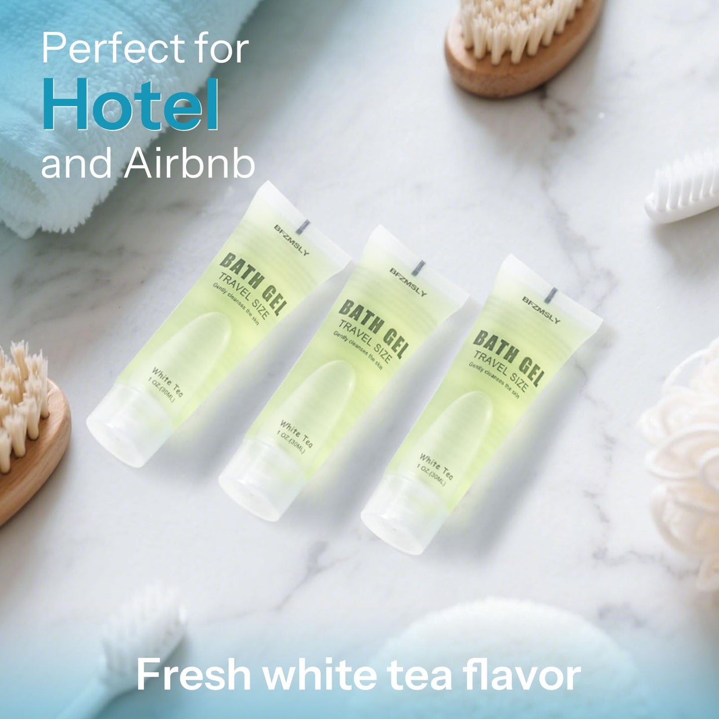 BFZMSLY 100 Pack Bulk Travel Size Body Wash, 1oz Tubes, White Tea Scent, Mini Shower Gel for Hotel Guests, TSA Approved Toiletries, Individually Sealed for Airbnb, Vacation Rentals