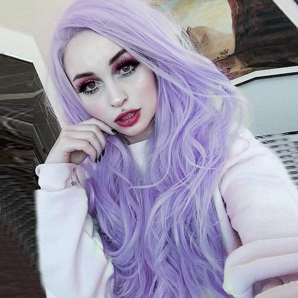 Lilac Purple Lace Front Wigs for Women Soft Wavy Lavender Hair Wig Natural Hairline Realistic Mix Color Long Purple Glueless Synthetic Heat Resistant Fiber Hair Drag Queen Cosplay 24Inch