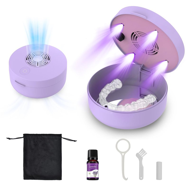 Voraiya U/V Retainer Case with Fan, Portable Cleaning Denture Cases with UVC Lights Rechargeable Retainers Cleaner Container for Partial Denture, Aligners, Mouth Guard, Night Guard, Braces (Purple)