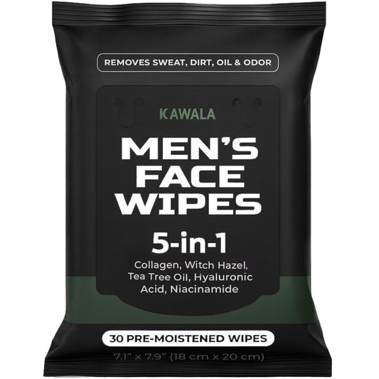 Face Wipes for Mens 5-in-1 Anti-Aging Facial Cleansing Sweat Wipes for Skin Care with Collagen, Witch Hazel, Tea Tree Oil, Hyaluronic Acid, Niacinamide for Oily or Acne-Prone Skin Woodsy Scent