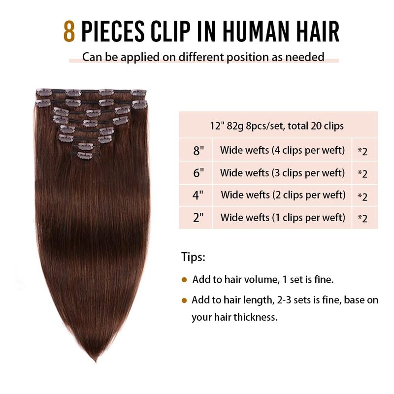 Clip in Extensions 14 Inch 100g Real Human Hair Clips for Women 8 Pieces Remy Hair Extensions Clip Ins Medium Brown