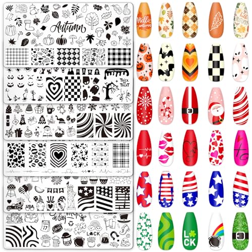 Whaline 6Pcs All Holiday Nail Art Plates Valentines StampTemplates Set Winter Christmas Fall Nail Plates Stamping for Xmas DIY Print Manicure Salon Design Gift